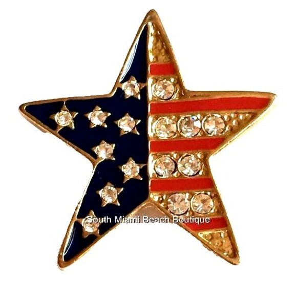 Gold Star American Flag Pin Brooch USA US Patriotic Crystal Enamel Plated July 4 - Picture 2 of 7